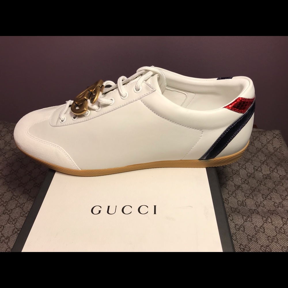 SOLD! New Gucci White Gold Low Top Double G Shoes - Picture 3 of 8